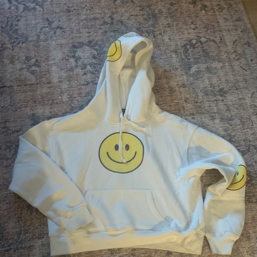 White Hoodie with Yellow Smiley Graphic Patch